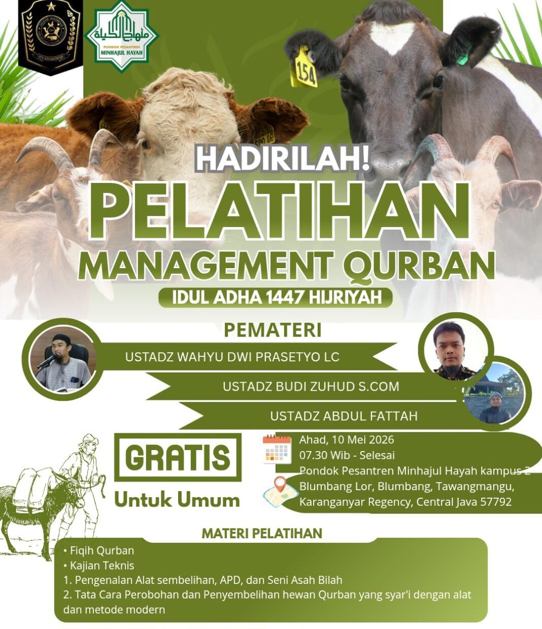 PERSIAPAN HARI RAYA IDUL ADHA, PONPES MINHAJUL HAYAH & JULEHA KARANGANYAR ADAKAN PELATIHAN MANAGEMENT QURBAN GRATIS